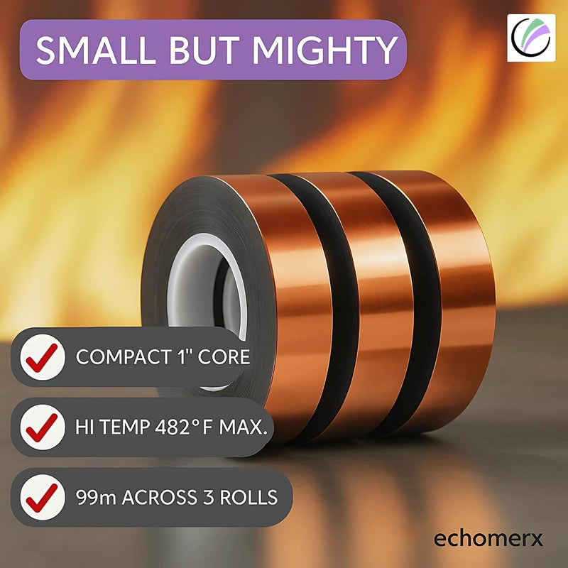 echomerx Heat Tape – 3-Pack 10mm x 33m Polyimide Heat Resistant Tape, 1” Core – No Residue, High Temp, for Sublimation, Cricut, 3D Printer, Heat Press, Electronics - Image 3